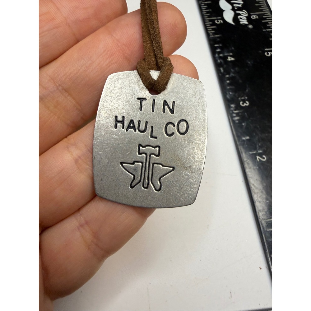 Tin Haul Co Silver Tone Anvil Logo Dog Tag Pendant Necklace Brown Suede Cord